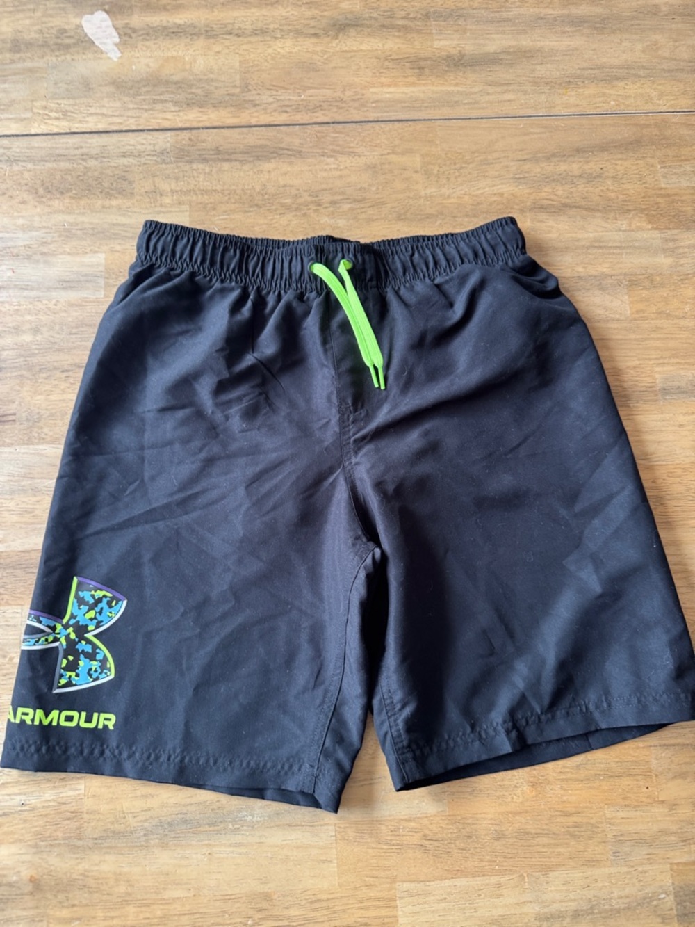 Under Armour Black Swim Trunks with Neon Green Drawstring and Logo